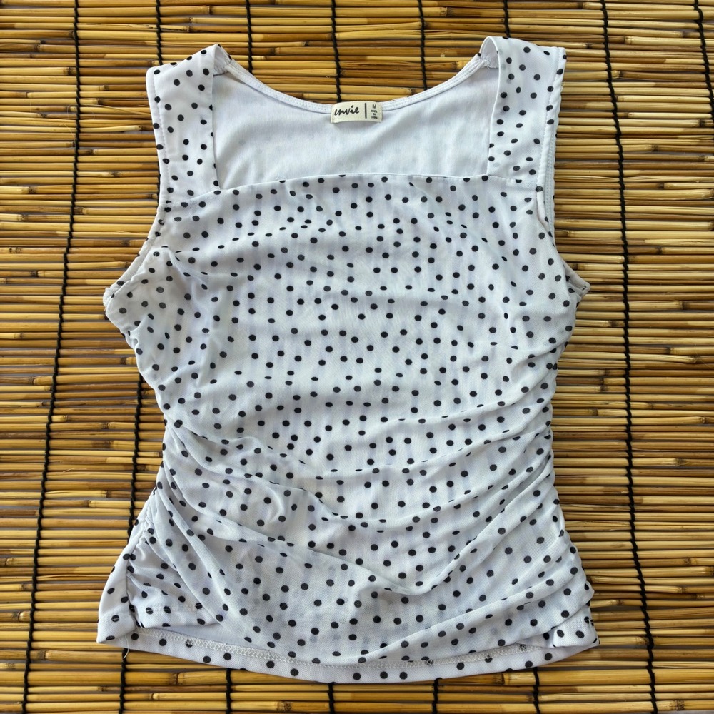 Envie Women Polka Dot Mesh Ruched Tank Top Square Neck White Black AM5112 M